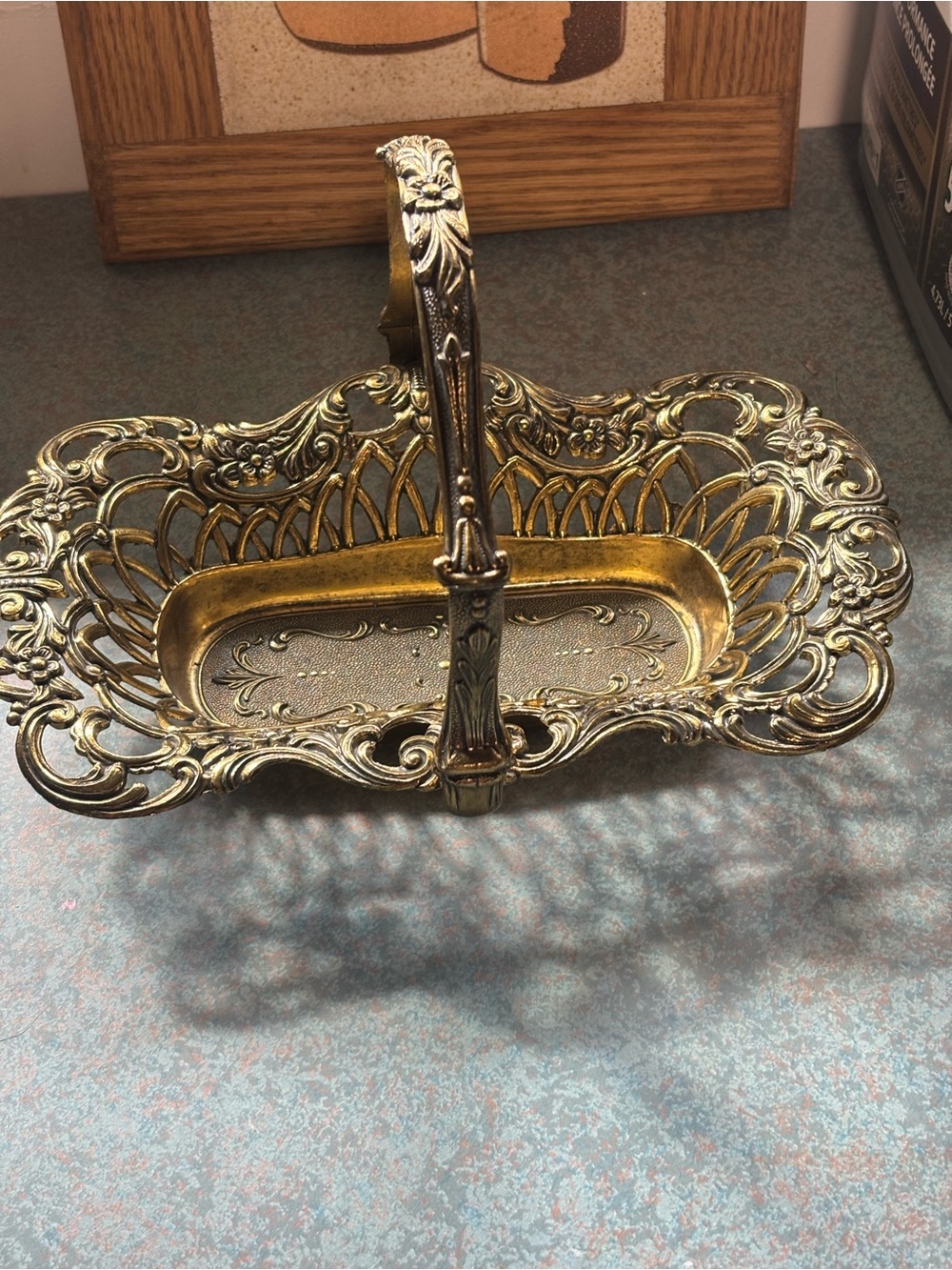 Vintage Made in Italy Ornate Brass Basket Tray – Rococo Floral Swing Handle